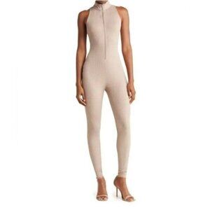 WMNS Nicholas Paola Zipper Front Ribbed Jumpsuit Unitard One Piece Sz XS Beige
